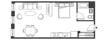 A floor plan of a house with a kitchen, living room, dining room, and bathroom.