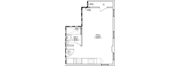 A floor plan of a living unit with a bathroom and a kitchen.