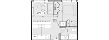 A floor plan of a unit with a living room, kitchen, and bathroom.