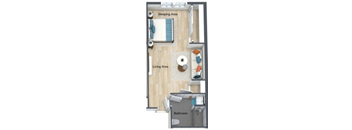 A floor plan of a small apartment with a sleeping area, living area, and bathroom.
