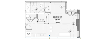 A floor plan of a 35-308 square foot unit with a kitchen, living room, and bathroom.
