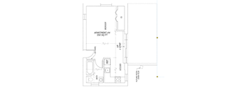 Apartment floor plan with a bedroom, bathroom, kitchen, and pizza oven.