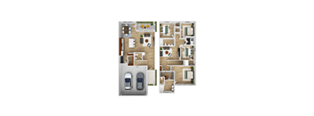 A floor plan of a two-story apartment with two parking spaces.