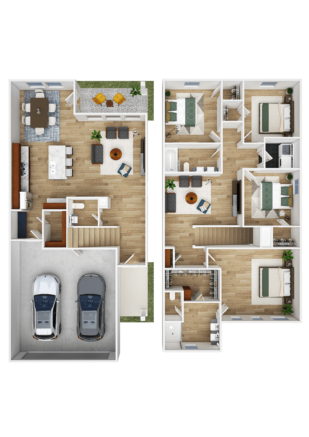 A floor plan of a two-story apartment with two parking spaces.