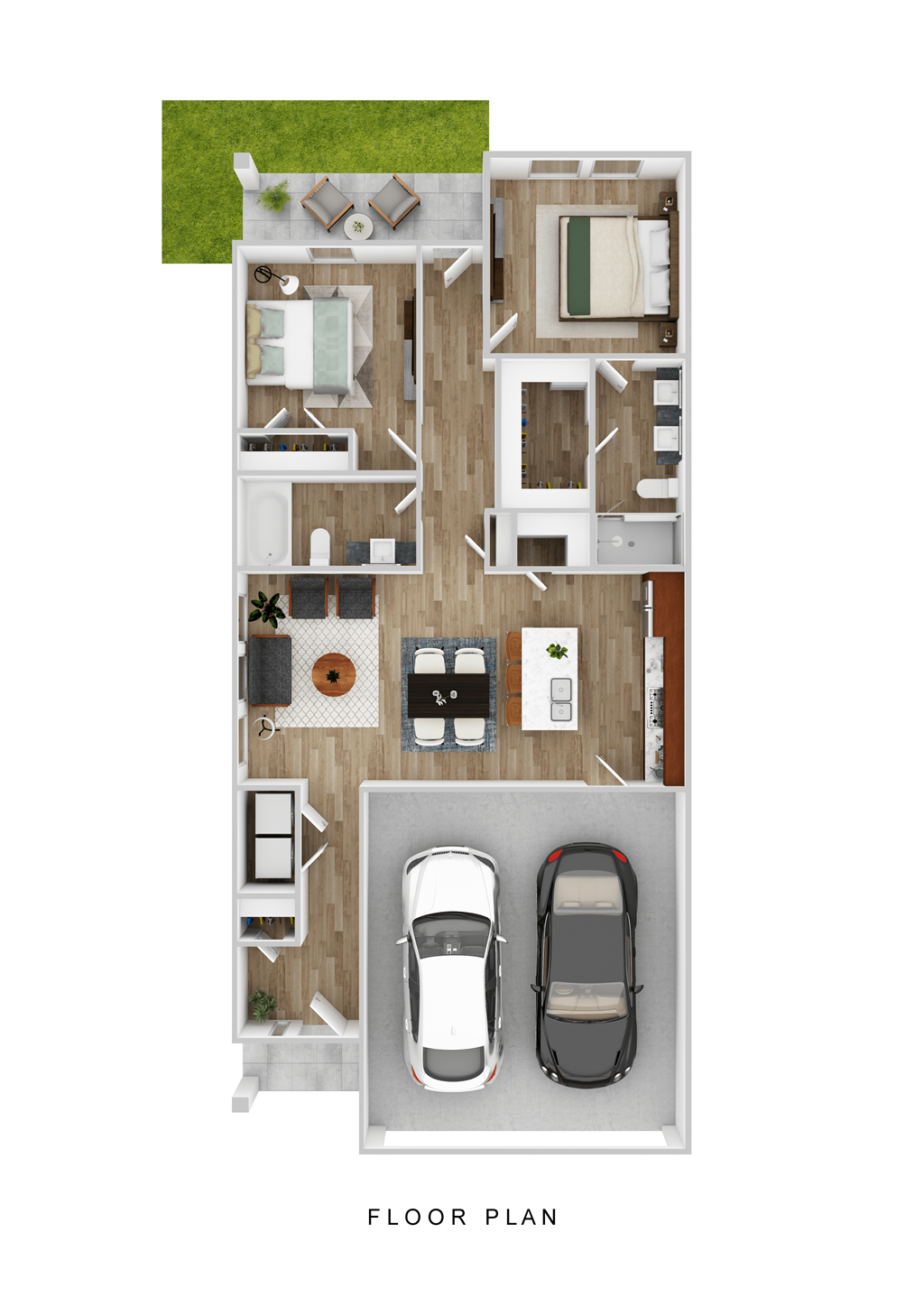 A floor plan of a house with a garage and two cars.