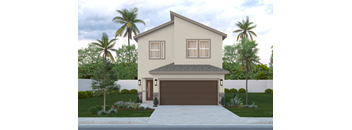 A two-story house with a garage is surrounded by a white fence and palm trees.