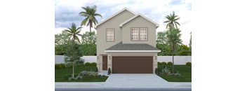 A two-story house with a brown garage door is surrounded by a white fence and palm trees.
