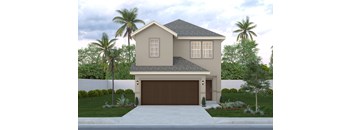 A modern house with a brown garage door is surrounded by a well-manicured lawn and palm trees.