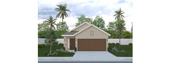 A house with a brown garage door is surrounded by greenery and palm trees.