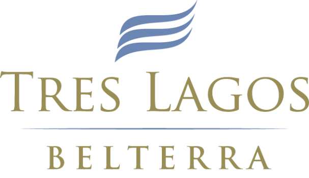 A logo with the words "TRES LAGOS BELTERRA" in gold lettering.