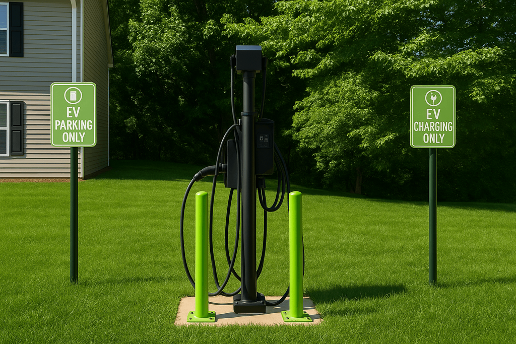 An EV charging station is located in a grassy area between two signs at Vue on Medlock, Peachtree Corners, GA, 30092