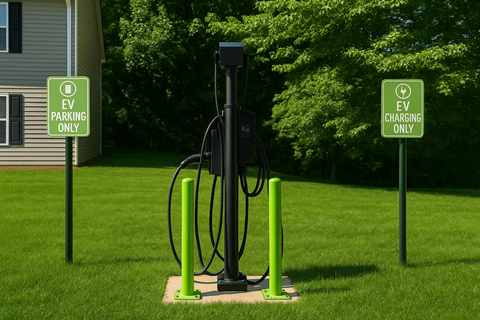 An EV charging station is located in a grassy area between two signs at Vue on Medlock, Peachtree Corners, GA, 30092