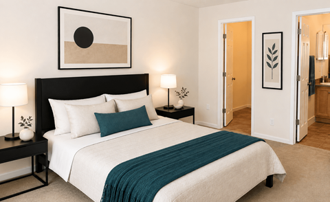 A bedroom with a large bed and a painting above it.