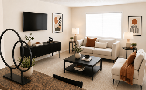 A living room with a black sofa, a white couch, and a TV mounted on the wall.