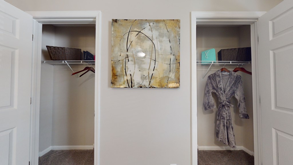 A room with two open closets and a painting on the wall.