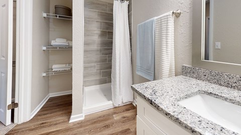 A bathroom with a marble countertop and a walk-in shower.