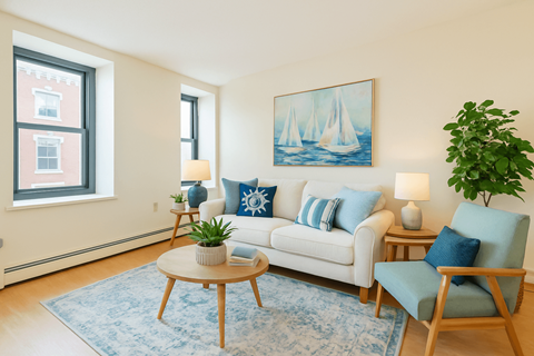 A living room with a white couch, blue pillows, a wooden coffee table, and a painting on the wall.
