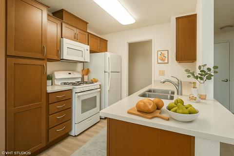 A kitchen with brown cabinets and white appliances.
