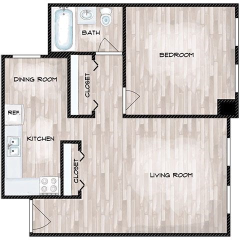 A floor plan of a house with a living room, dining room, kitchen, and bathroom.