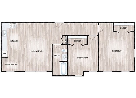 A floor plan of a house with a kitchen, living room, dining room, and bedrooms.