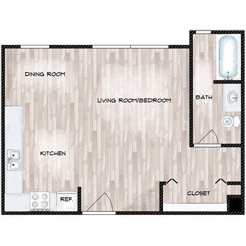 A floor plan of a small apartment with a living room, dining room, kitchen, and bathroom.