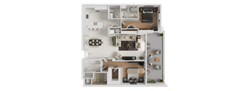 A detailed 3D floor plan of a modern apartment layout.