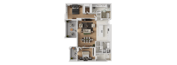 A detailed 3D floor plan of a two-bedroom apartment.