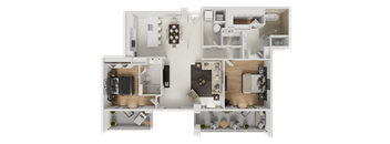 A detailed 3D floor plan of a house layout.