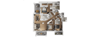 A detailed 3D floor plan of a multi-bedroom apartment.