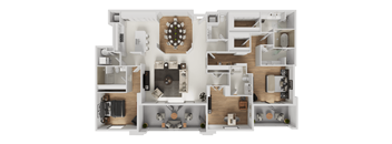 A top-down view of a house layout with a central living area, two bedrooms, a kitchen, and a bathroom.