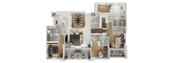 A 3D floor plan of a house with multiple rooms and furniture.