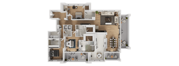 A detailed 3D floor plan of a house layout.