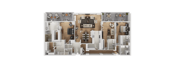 A detailed 3D floor plan of a modern apartment layout.