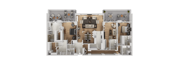 A 3D floor plan of a house with various rooms and furniture.