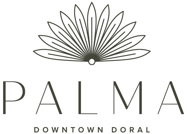 A logo with a flower and the words "PALMA Downtown Doral".