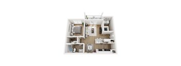 A top-down view of a small, neatly organized apartment with a kitchen, living room, and bedroom.