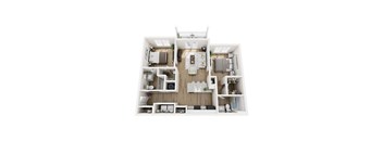 A top-down view of a small apartment with a kitchen, living room, and bedroom.