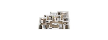 A top-down view of a modern, open-plan apartment layout.