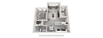 A 3D floor plan of a house with a kitchen, living room, and two bedrooms.