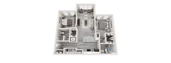 A top-down view of a modern apartment layout with a living room, kitchen, dining area, and two bedrooms.