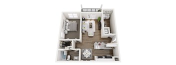 A top-down view of a small apartment with a bedroom, living room, and kitchen.