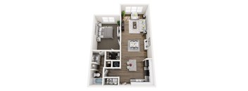 A top-down view of a small apartment with a kitchen, living room, and bathroom.