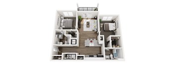 A top-down view of a small apartment with a kitchen, living room, and bedroom.
