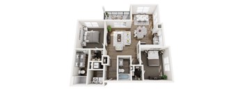 A top-down view of a two-story apartment with a living room, kitchen, dining area, and bedrooms.