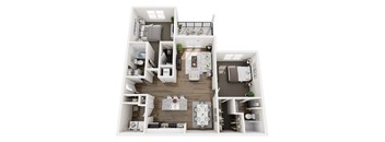 A top-down view of a small apartment with a kitchen, living room, and bedroom.