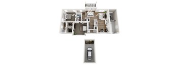 A top-down view of a house layout with a car parked in the driveway.