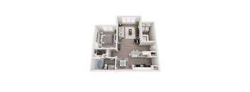 A top-down view of a modern apartment layout with a kitchen, living room, and bedrooms.