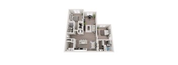 A floor plan of a house with a kitchen, living room, and two bedrooms.