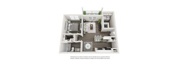A 3D rendering of a modern apartment layout with a kitchen, living room, and bedrooms.