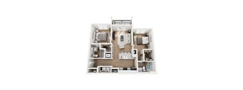 A white model of a house with a living room, kitchen, and two bedrooms.
